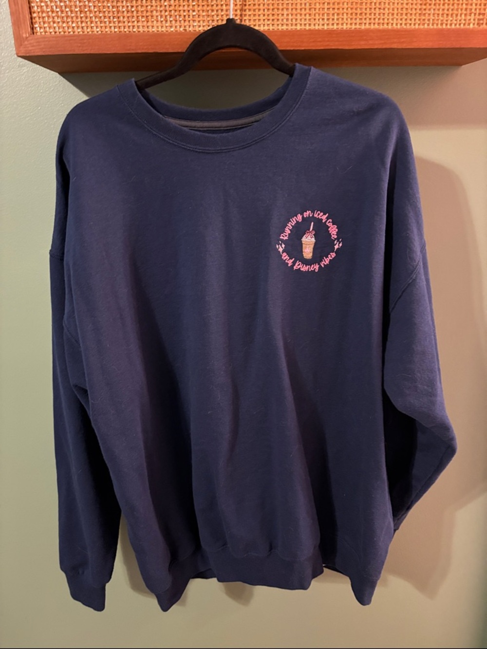 Navy Crewneck Sweatshirt with Disney Iced Coffee Stitched Graphic
